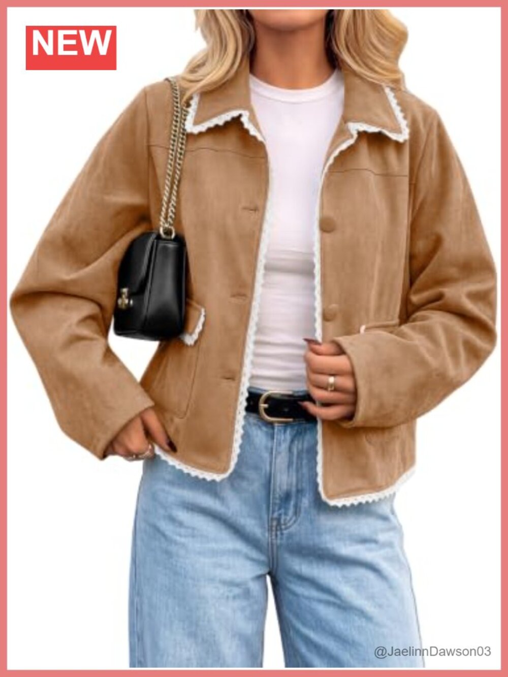Faux Suede Button Down Jacket Crochet Trim Loose Fit Women's Casual Coat